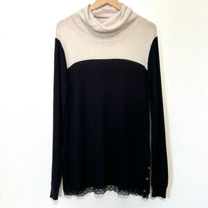 Elena Miro Color Black Lace Trim Wool Blend Cowl Neck Sweater in Black & Cream